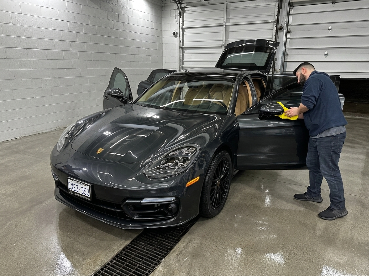 A man cleaning a black Porsche sports car with a yellow cloth inside a garage with a concrete floor and white brick wall.