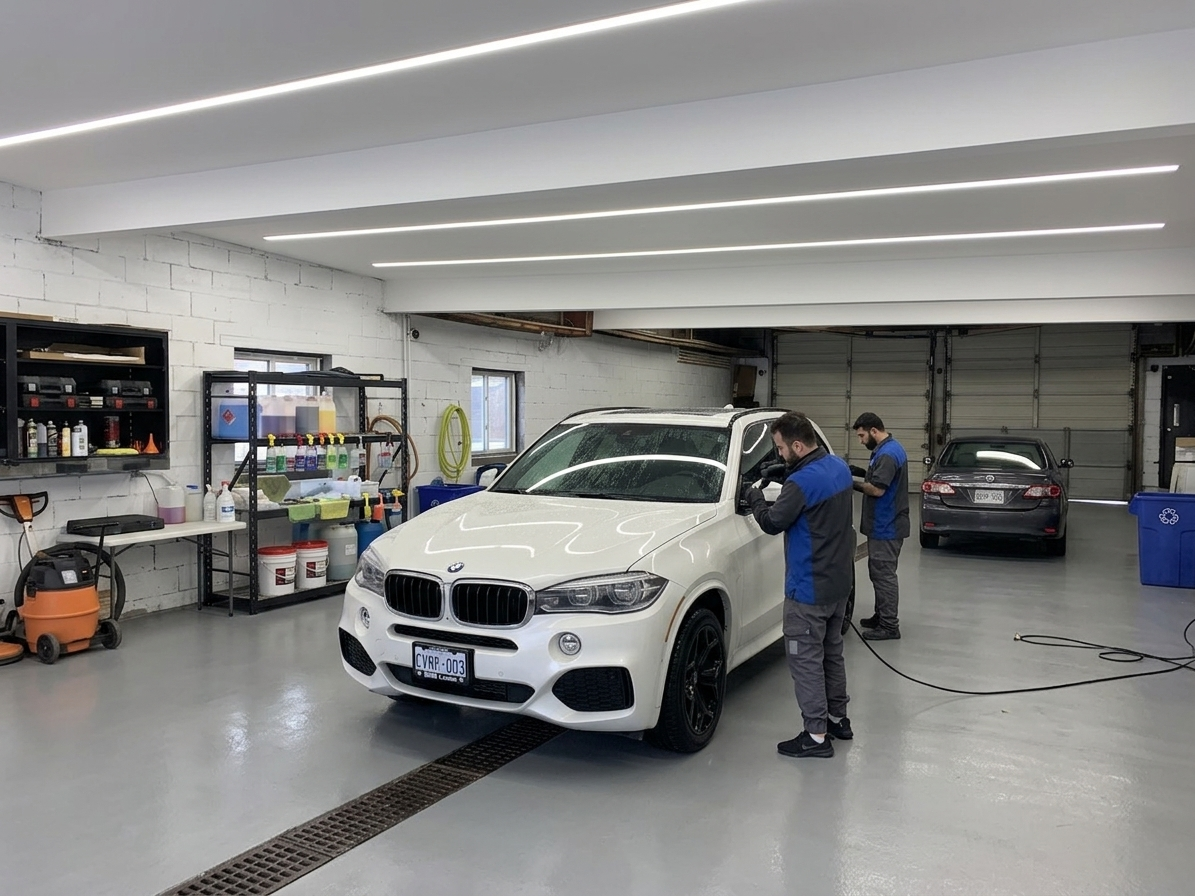 Two technicians working on a white BMW X5 inside a clean, well-lit car detailing garage. One technician is cleaning the windshield, and the other is working near the back of the vehicle. The garage has shelves with cleaning supplies, tools, and a vacuum cleaner.