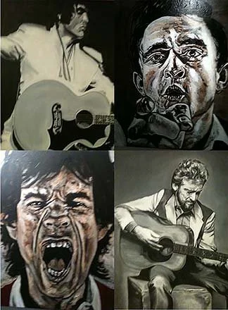 A collage of four black-and-white photos of famous musicians: top left shows a man with dark hair playing an acoustic guitar; top right shows a man with dark hair and a cigarette; bottom left shows a man with curly hair and an open mouth; bottom right shows a man with curly hair playing an acoustic guitar.