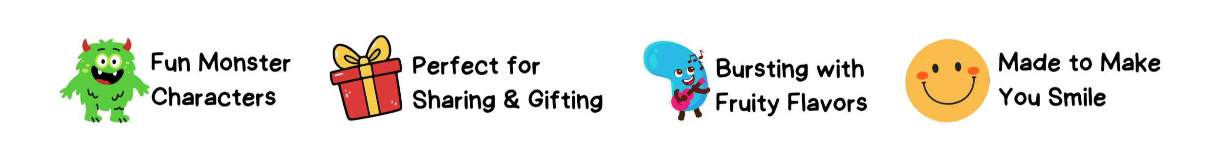 Happy monster, gift box, smiling water droplet with guitar, smiling face.