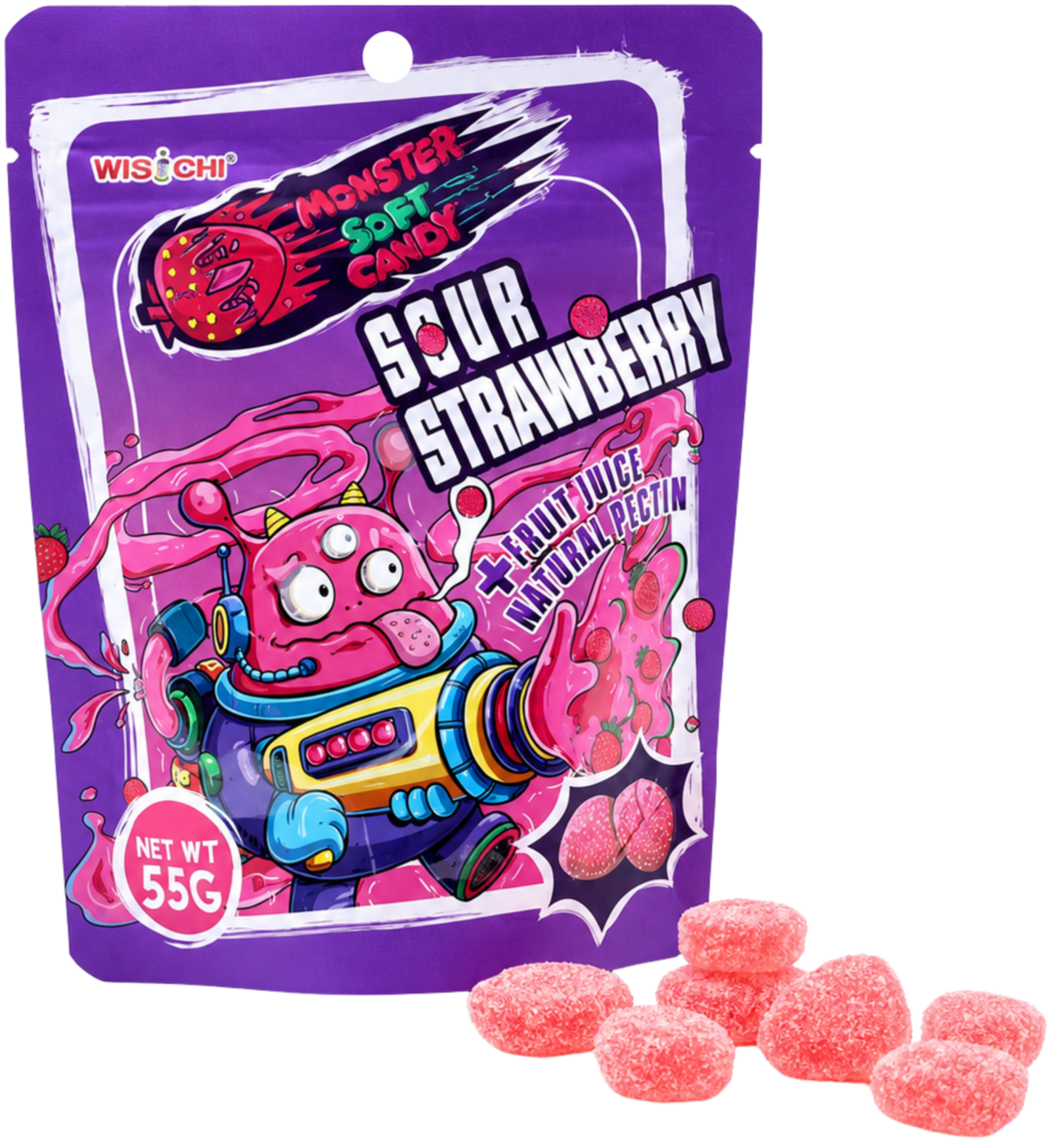 Colorful package of sour strawberry flavored soft candy with a cartoon monster on the front, surrounded by strawberries, with a net weight of 55 grams.