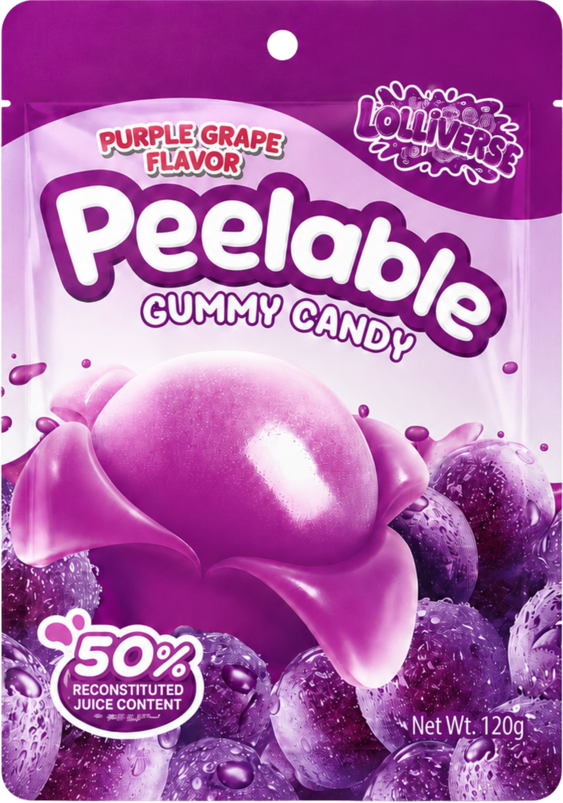 Package of Lollivers Purple Grape Flavored Peelige Gummy Candy with purple grapes and grape-flavored candies on the packaging.