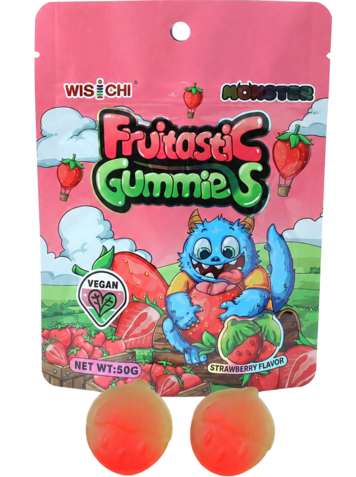 Pink package of futuristic strawberry flavored vegan gummies with a cartoon blue monster hugging a large strawberry on a green hill, with strawberries and clouds in the background.