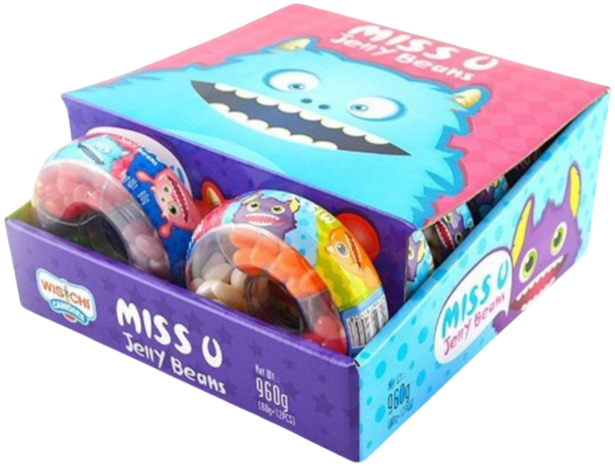 A colorful box of Miss U Jelly Beans with the lid partially open, revealing various jelly bean candies inside.