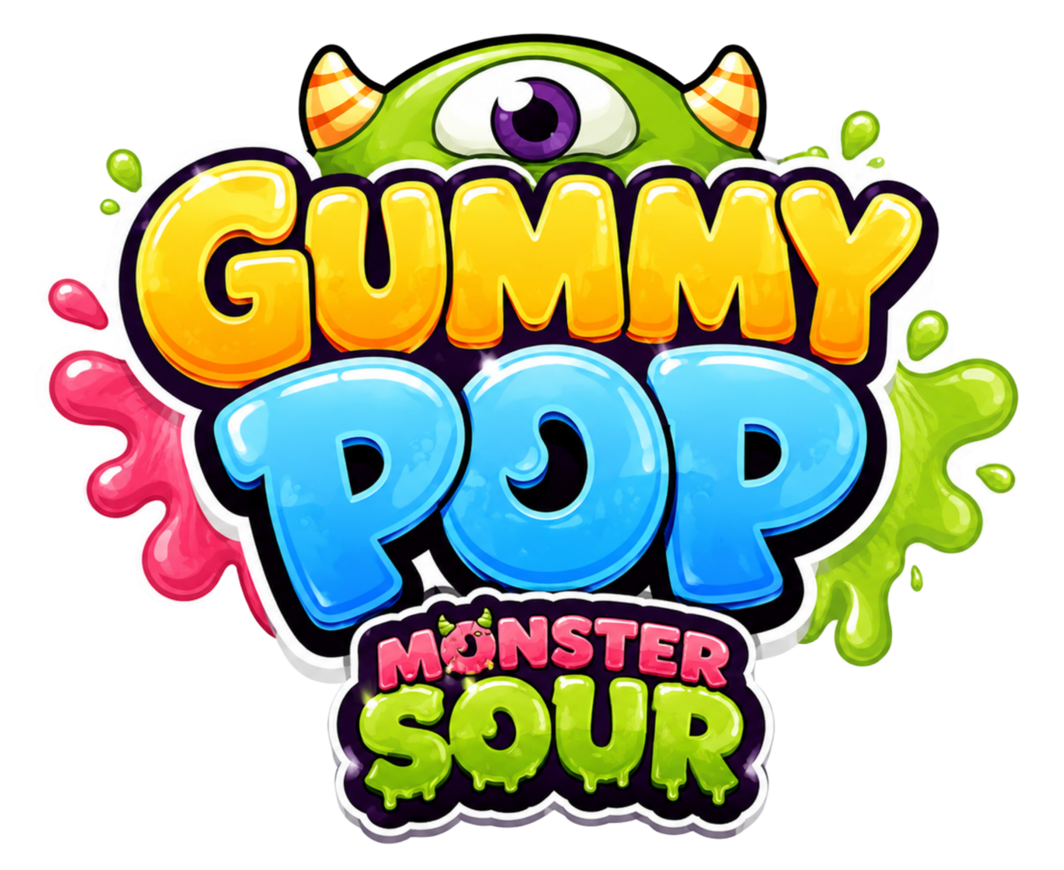 Colorful logo with the words "GUMMY MONSTER SOUP" in large, playful font. The logo features a one-eyed green monster with orange horns peeking over the text, surrounded by splashes of colored slime in pink, blue, and green.