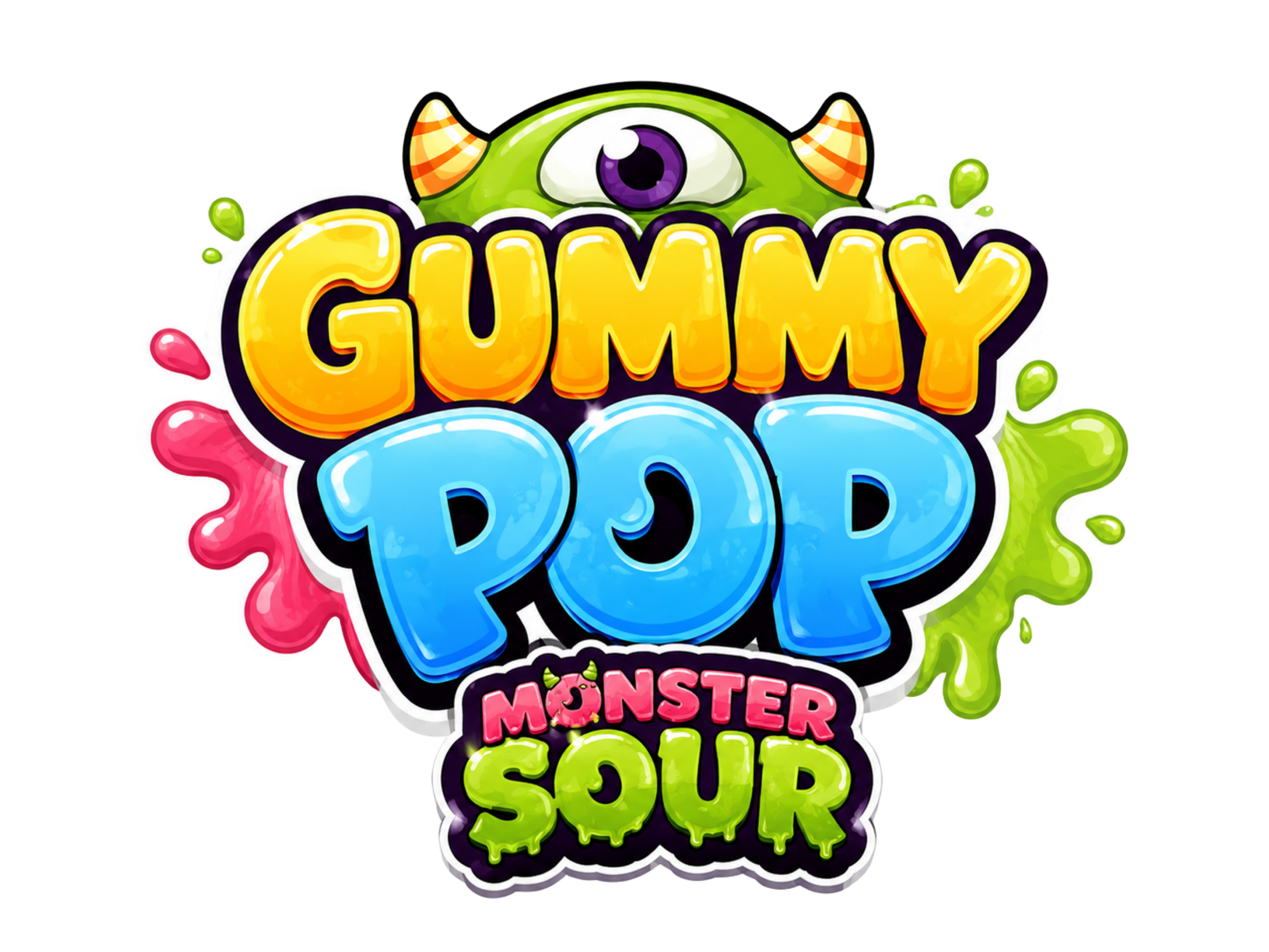 Colorful cartoon-style logo for 'Gummy Monster Sour' with a green one-eyed monster with orange horns, surrounded by colorful slime and bubbles.