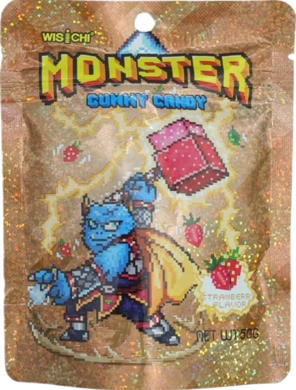 Colorful pixel art style candy bag featuring a blue monster character holding a sword, with a red gumball and strawberries, labeled as 'Monster Gummy Candy' in strawberry flavor, 50 grams.