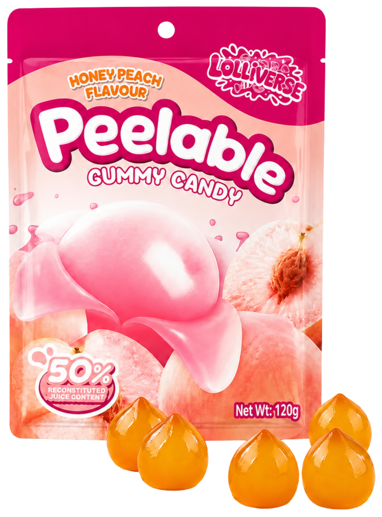 Packaged honey peach flavored gummy candies from Lolliverse, with some candies displayed in front, highlighting a peach fruit on the packaging.