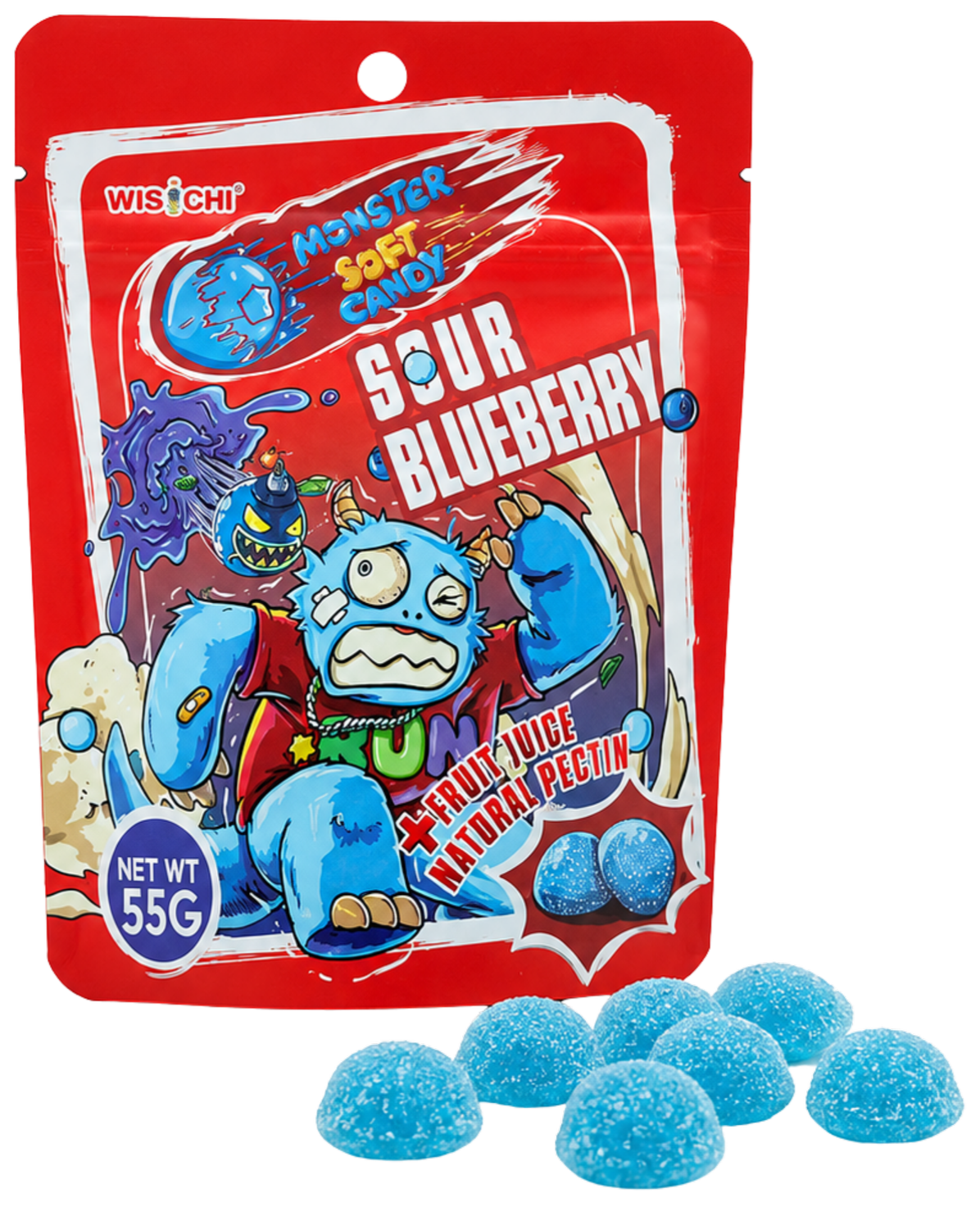 Red bag of Sour Blueberry Monster Soft Candy with cartoon monster and blueberries on packaging, 55 grams net weight, with some blue candies spilled in front.