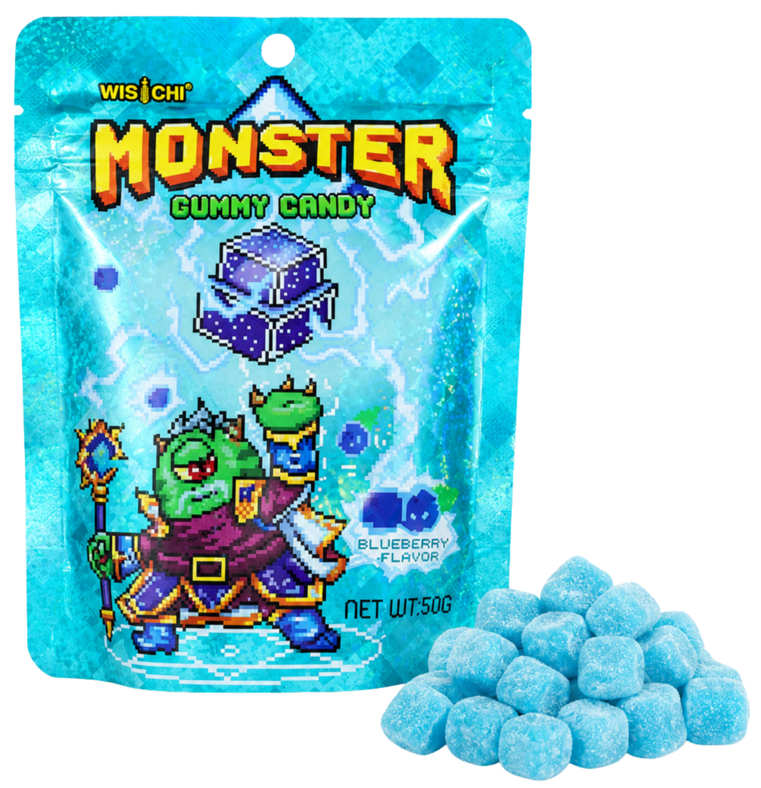 Blueberry flavored Monster Gummy Candy package with pixelated cartoon monsters, blue gummies, and ice-themed background.