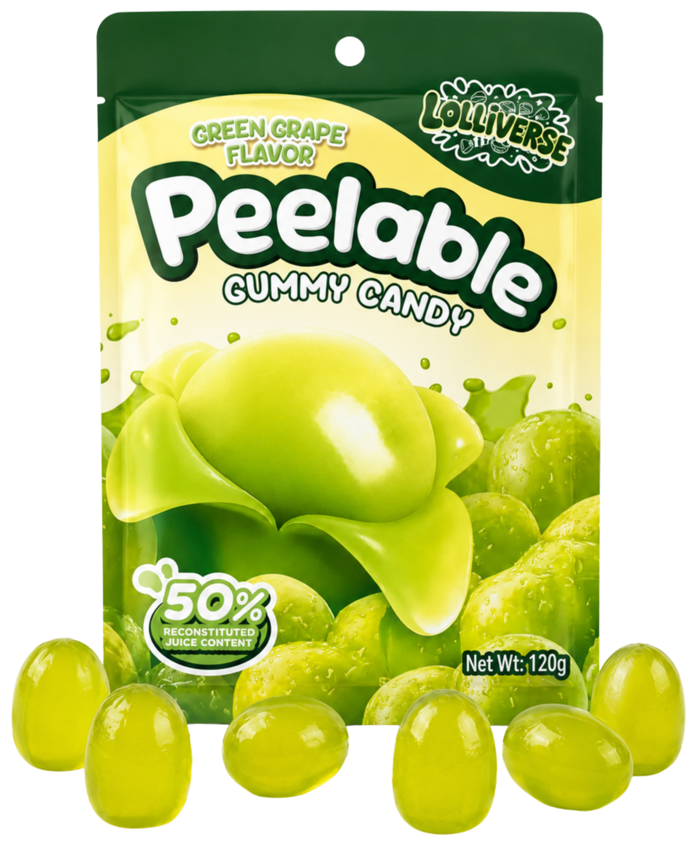Green grape flavored Peelah Gummy Candy package with green grapes and grape leaves on front, indicating 50% reconstituted juice content, and weighing 120 grams.