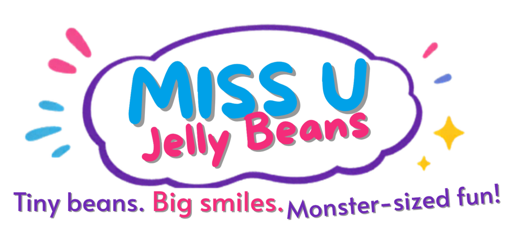 Colorful logo for Miss U Jelly Beans with the text "Miss U Jelly Beans" in blue and pink inside a purple outline, accompanied by yellow stars and decorative accents. The tagline beneath reads, "Tiny beans. Big smiles, Monster-sized fun!"