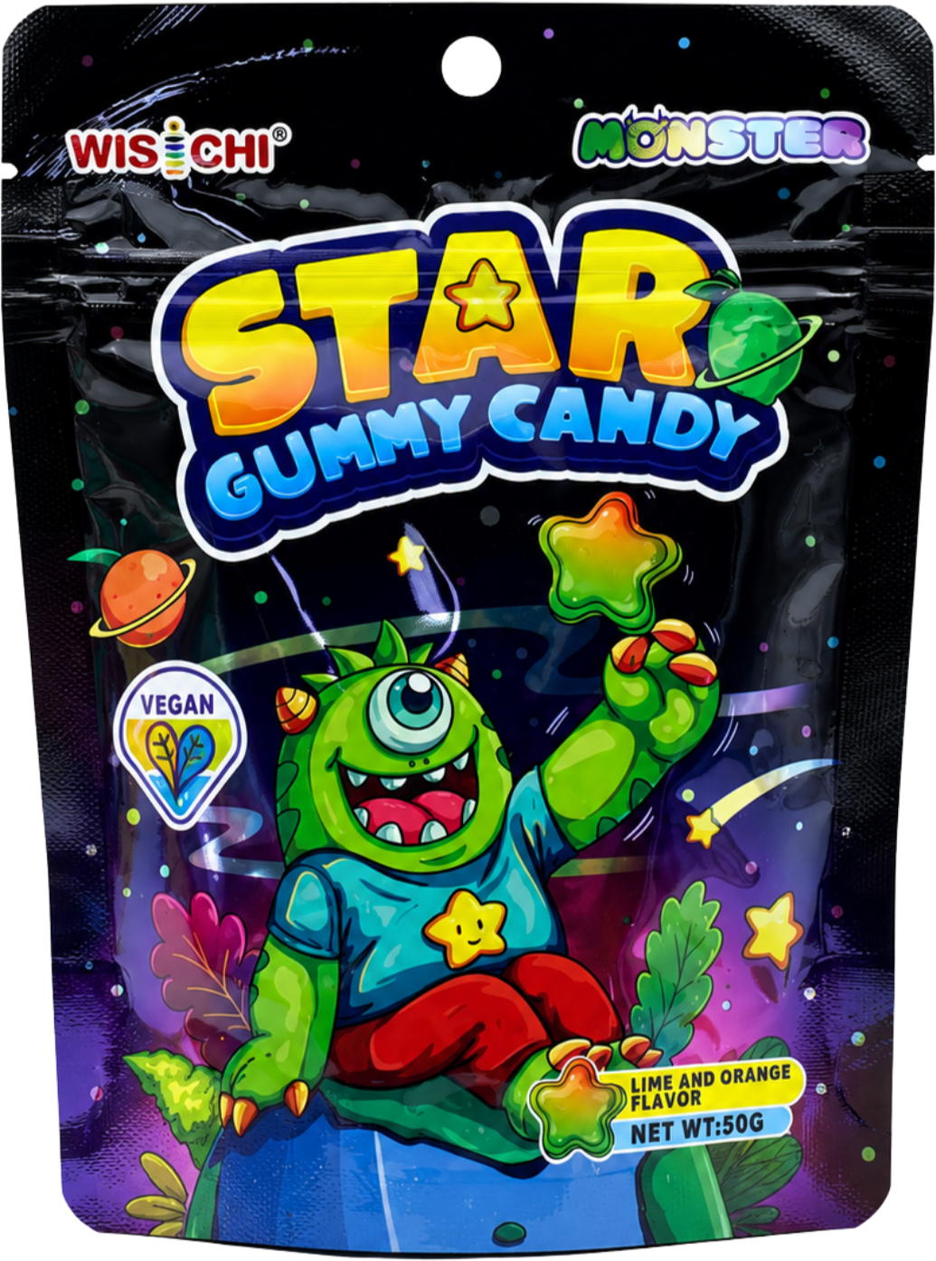 Colorful packaging of 'Star Gummy Candy' featuring a cartoon monster with a green body, one eye, wearing a blue shirt with a yellow star and red pants, holding a star-shaped gummy. The background has a space theme with planets, stars, and shooting stars. The package indicates it is vegan with a lime and orange flavor, weighing 50 grams.