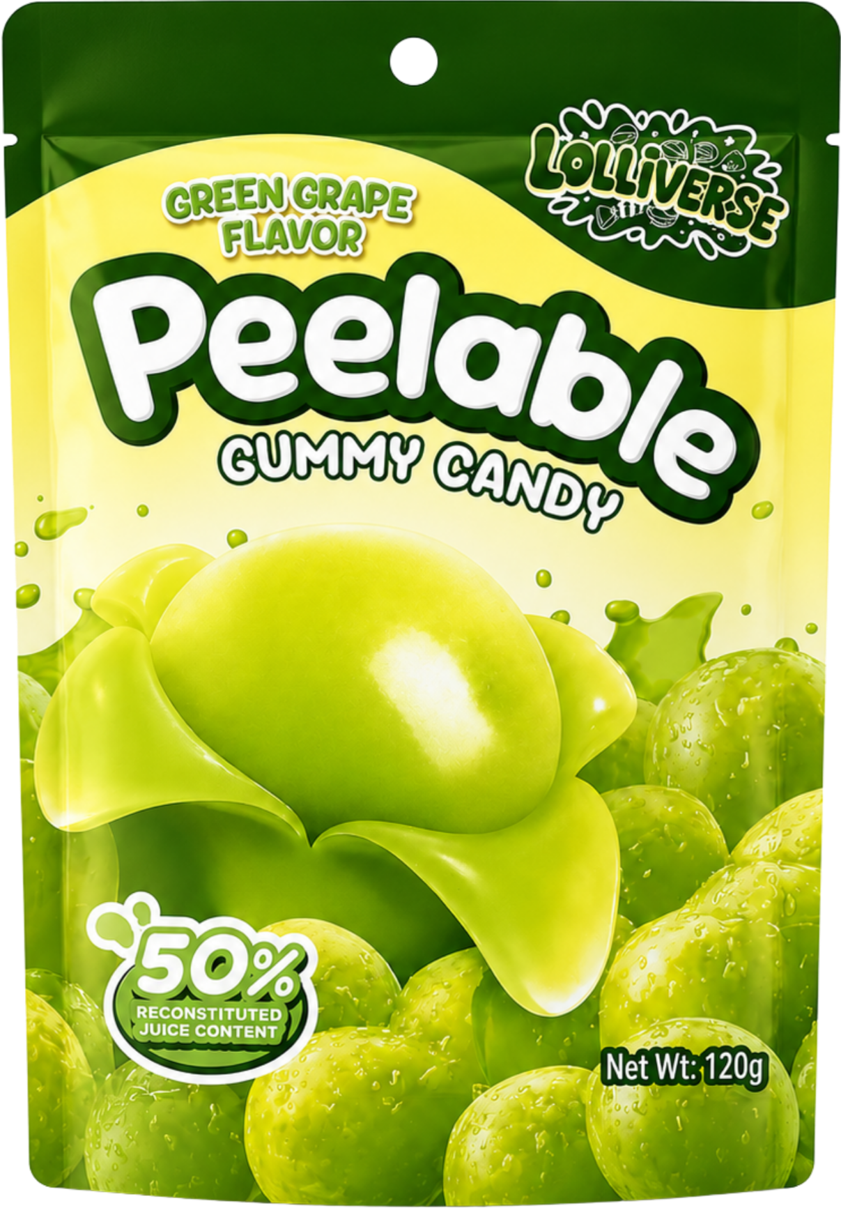 Green Grape flavored chewable gummy candy package with images of green grapes and lime slices, emphasizing 50% reconstituted juice content. Net weight 120 grams.