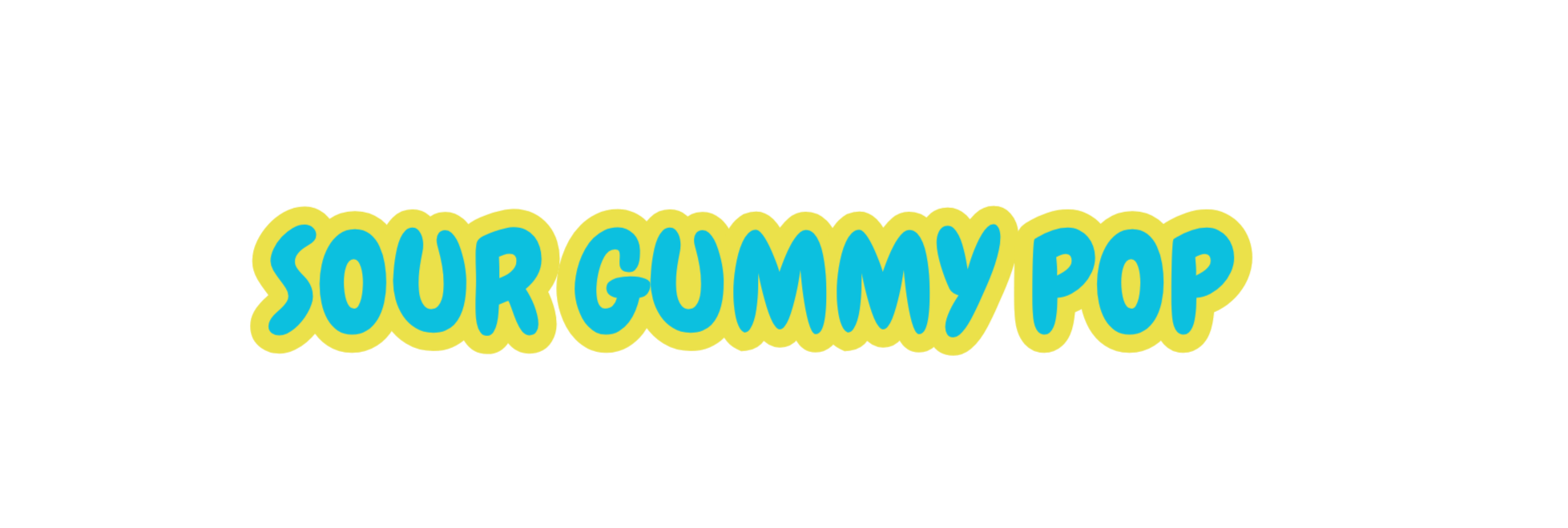 Colorful logo with the words 'Sour Gummy Pop' in blue with yellow outline.