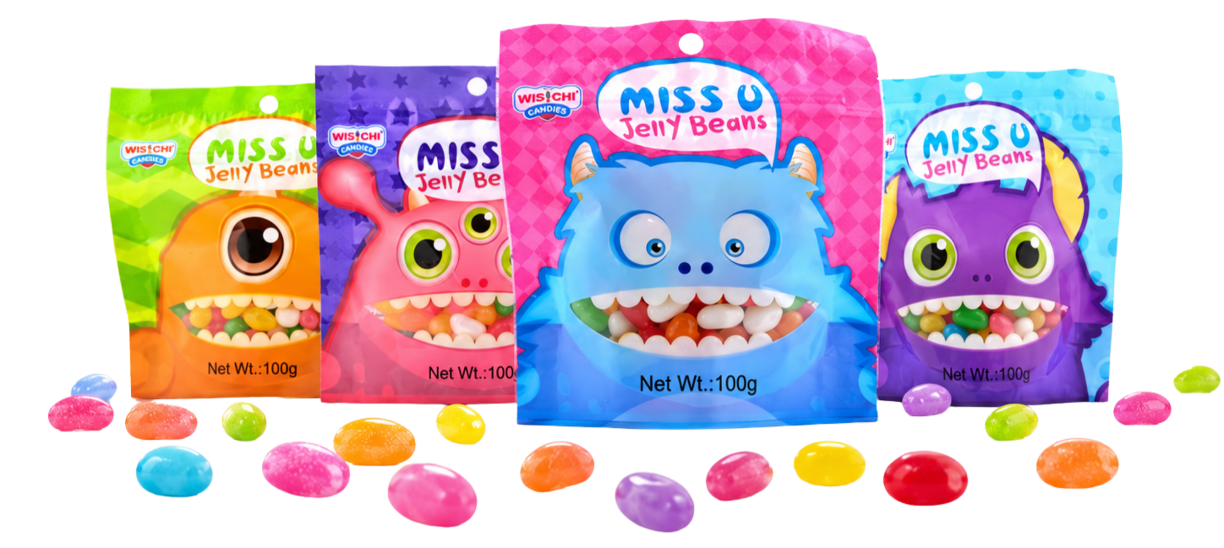 Four colorful packages of Miss U Jelly Beans with cartoon monster faces on each, arranged in a row with scattered jelly beans in front.