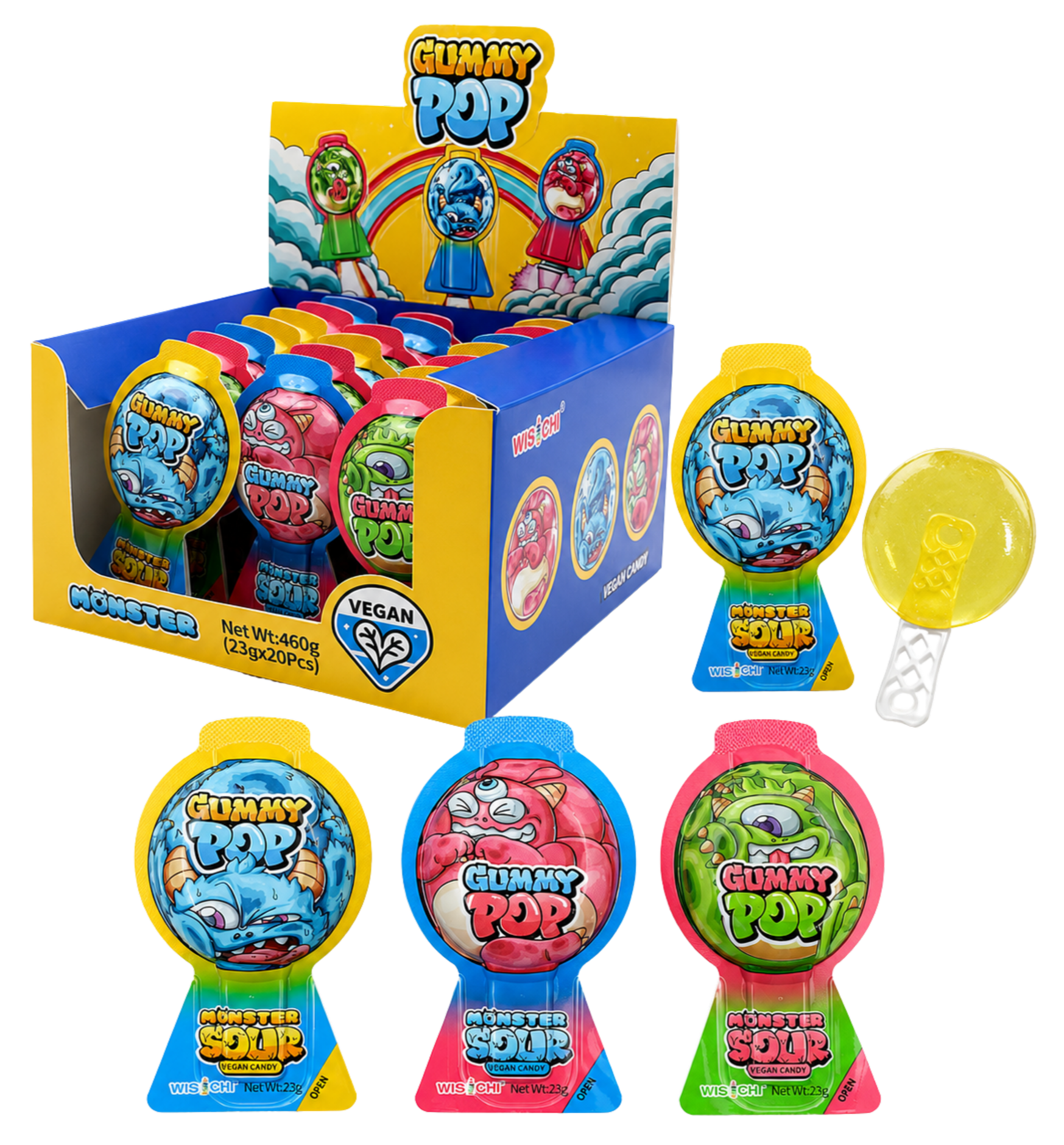 Colorful box of vegan gummy candies called Gummy Pop with three flavors, featuring packaging with cartoon monster faces, and candies shaped like monsters in assorted colors.
