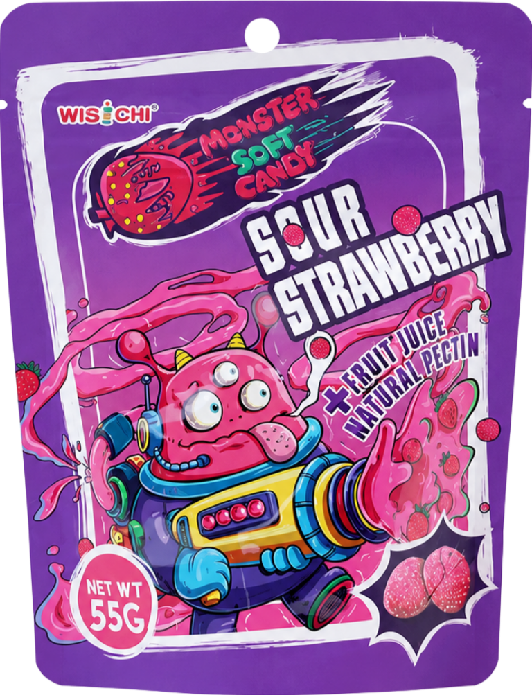 Purple package of WISACHI Sour Strawberry Monster Soft Candy with cartoon monster character holding a laser gun emitting strawberry-flavored liquid splashes, featuring fruit juice and natural pectin, net weight 55 grams.