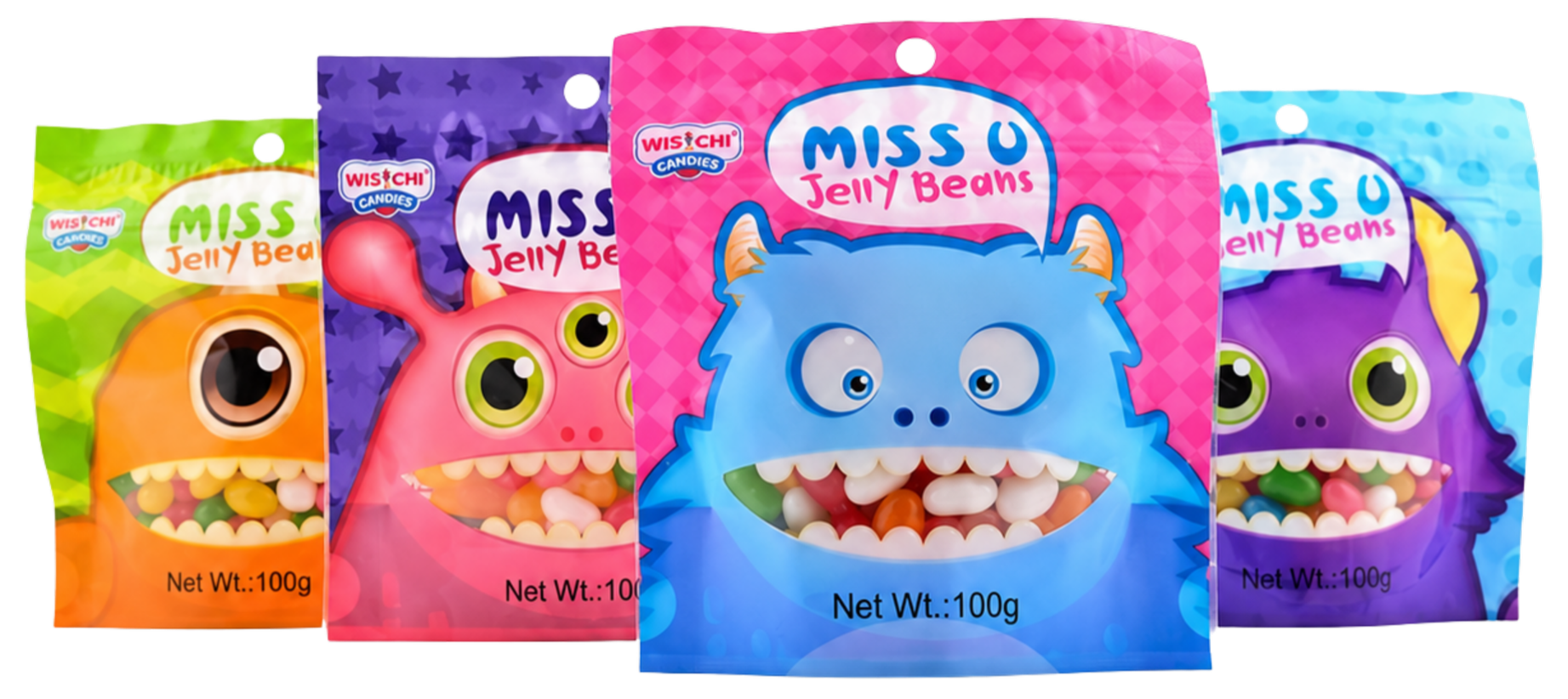 Colorful candy packages featuring cartoon monster faces with big eyes and mouths filled with jelly beans, labeled 'Miss U Jelly Beans,' each with a net weight of 100 grams.