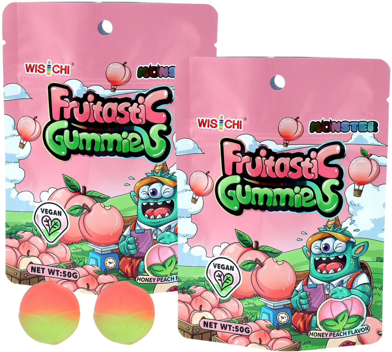 Package of WISCHI Monster Futasti Gummies in Honey Peach flavor, featuring a colorful cartoon monster and peach illustration on a pink background.