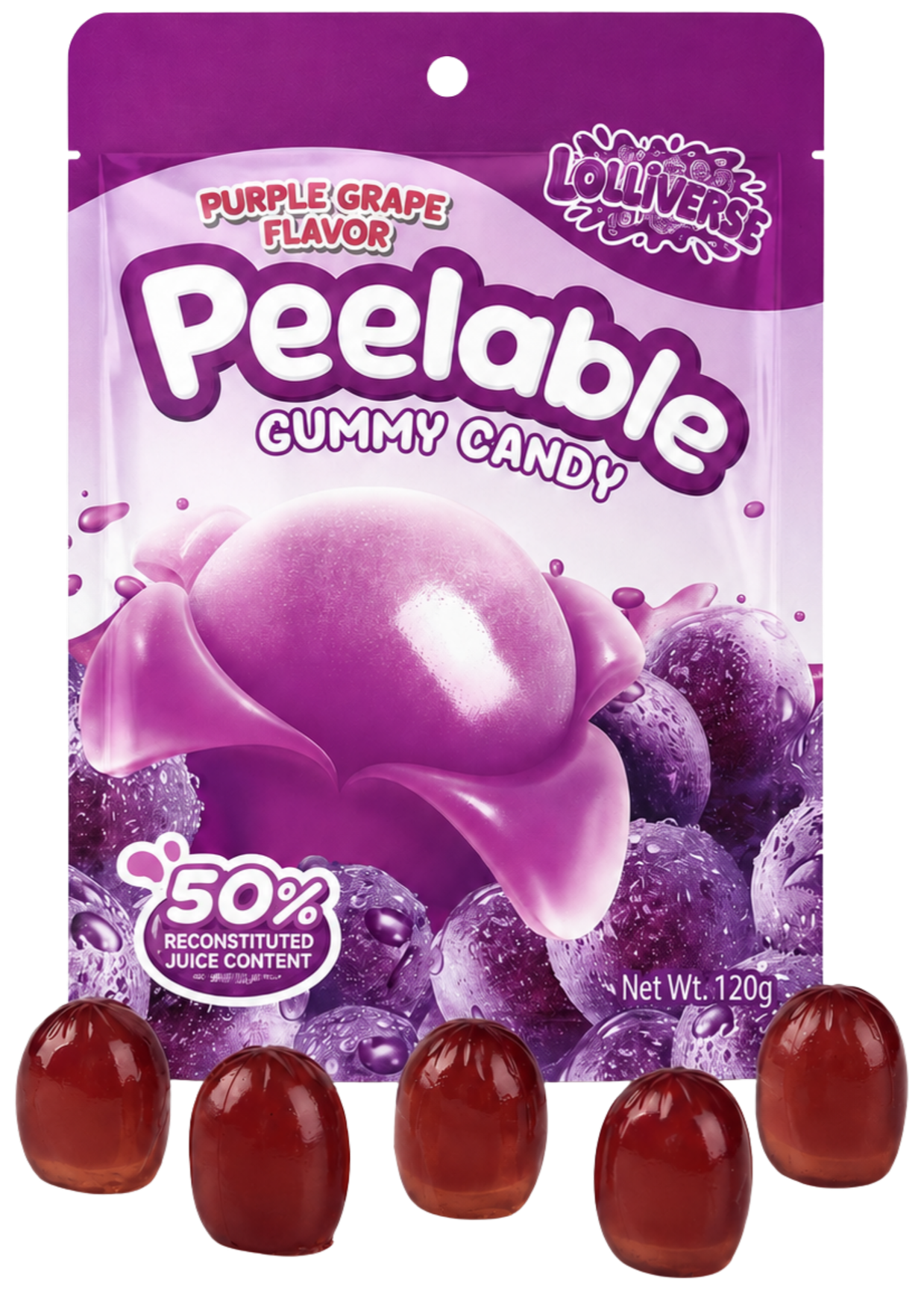 A bag of Peable Gummy Candy with purple grape flavor, surrounded by red gumballs and small purple grapes, indicating the candy contains 50% reconstituted juice, with a net weight of 120 grams.