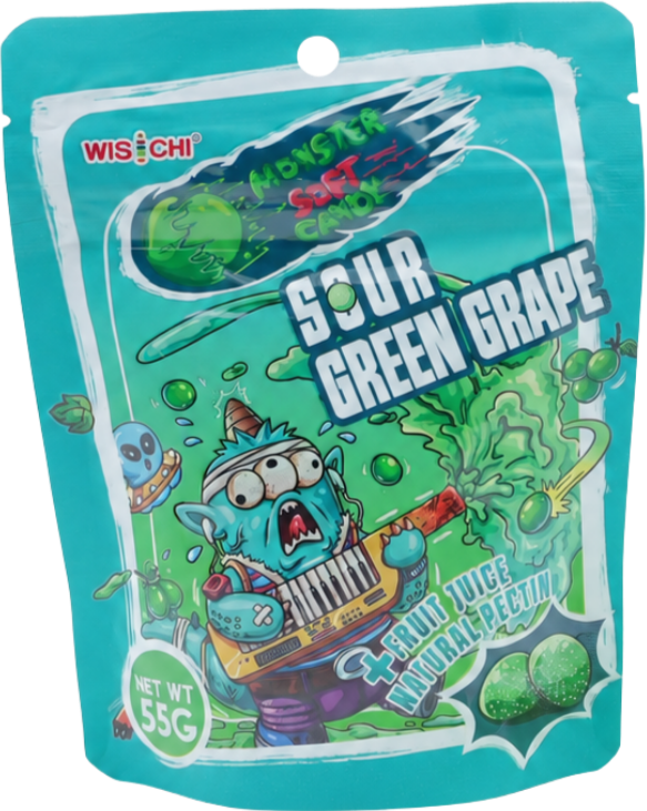 Packaging of Wisco Sour Green Grape Monster Shot Card, 55 grams, featuring a cartoon monster with blue fur, three eyes, wearing a yellow vest, surrounded by green grapes and cartoon elements, labeled as fruit juice with natural pectin.