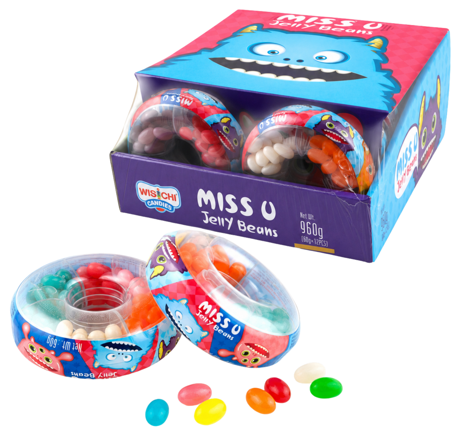 Open box and containers of Miss U Jelly Beans with scattered colorful jelly beans.