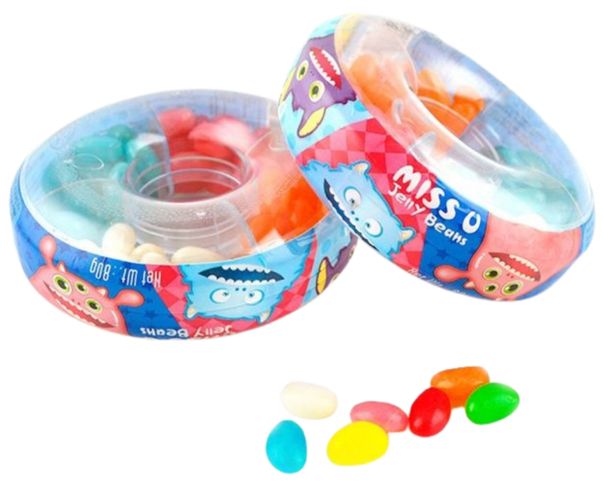 Two circular containers of Miss Jelly Beans candy with colorful jelly beans spilling out.