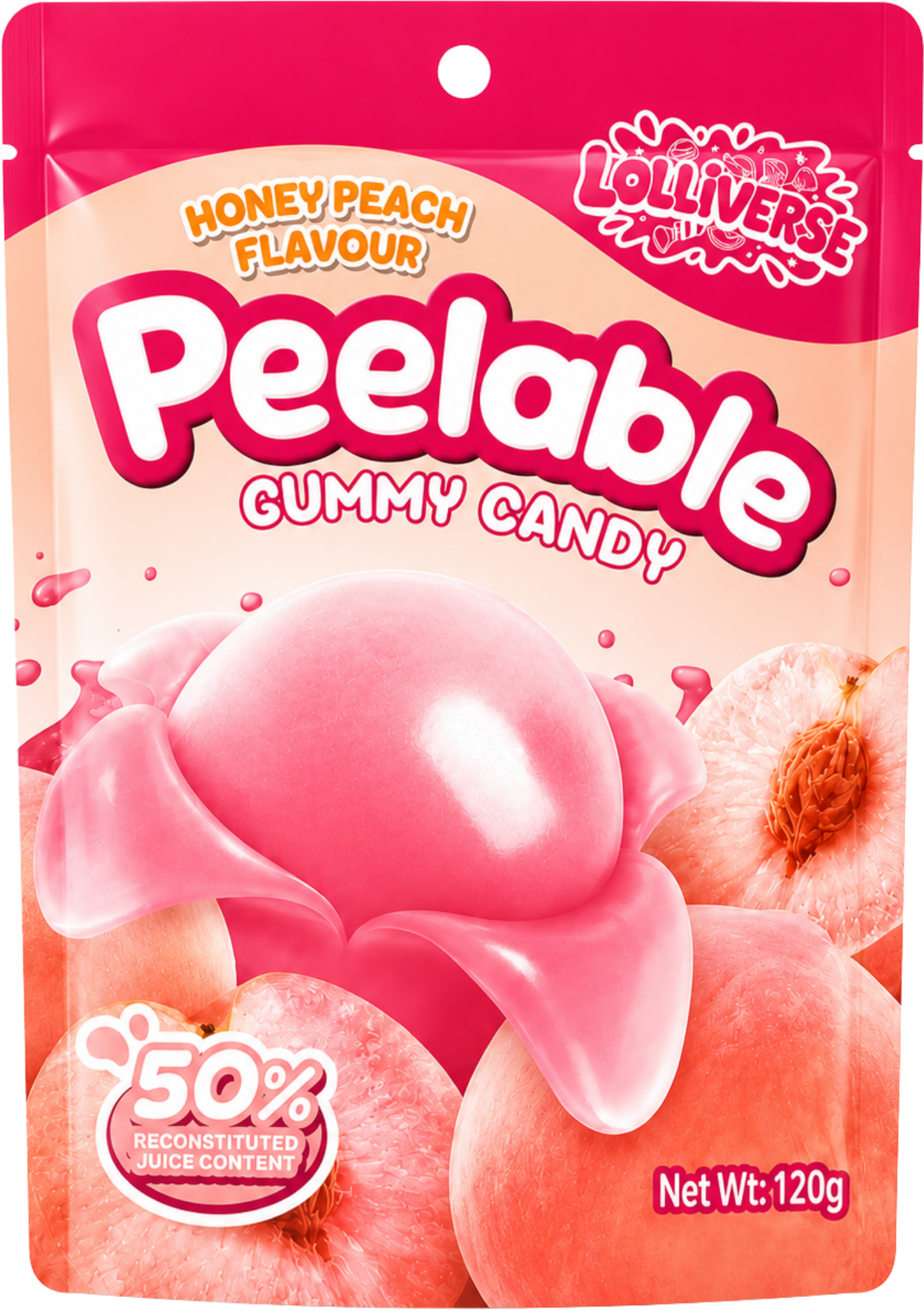 Package of Lollivores honey peach flavored gummy candy featuring images of peaches and pink peach-flavored gummies, with a label indicating 50% reconstituted juice content and a net weight of 120 grams.
