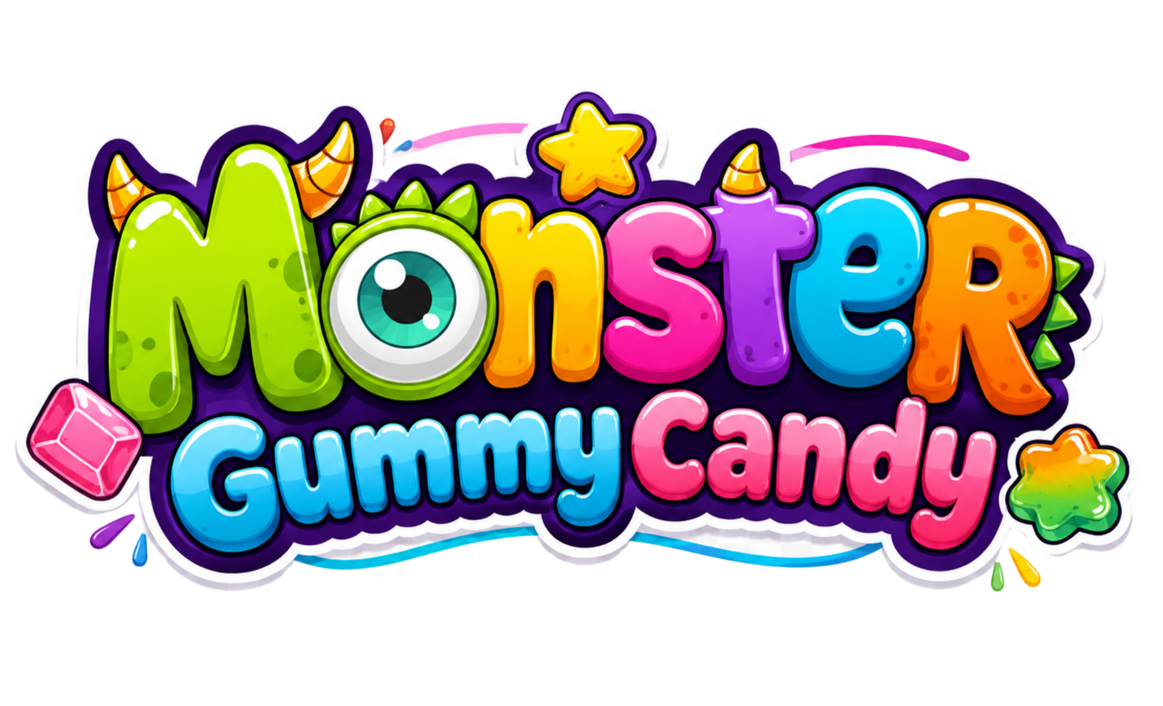 Colorful sticker with the words 'Monster gummy Candy' in vibrant letters, accompanied by cartoon-style candies and stars.