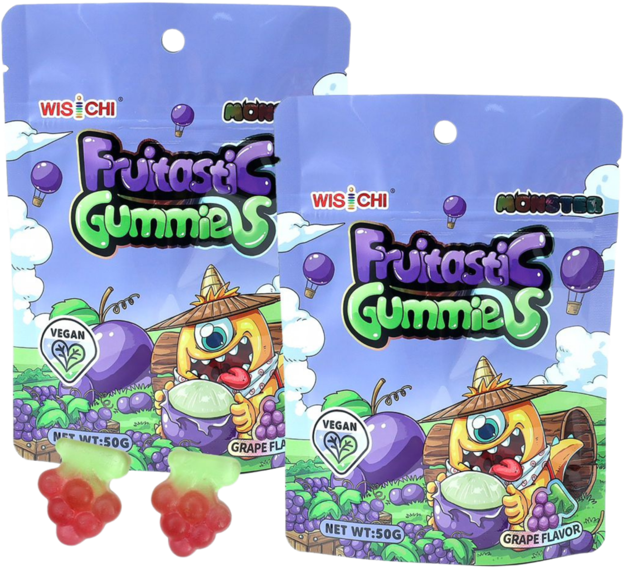 Colorful packaging of WISCHI Fruitasic Gummies with grape flavor, featuring cartoon graphics of grapes, clouds, and a friendly monster character, with two gummy candies shaped like grapes in front.
