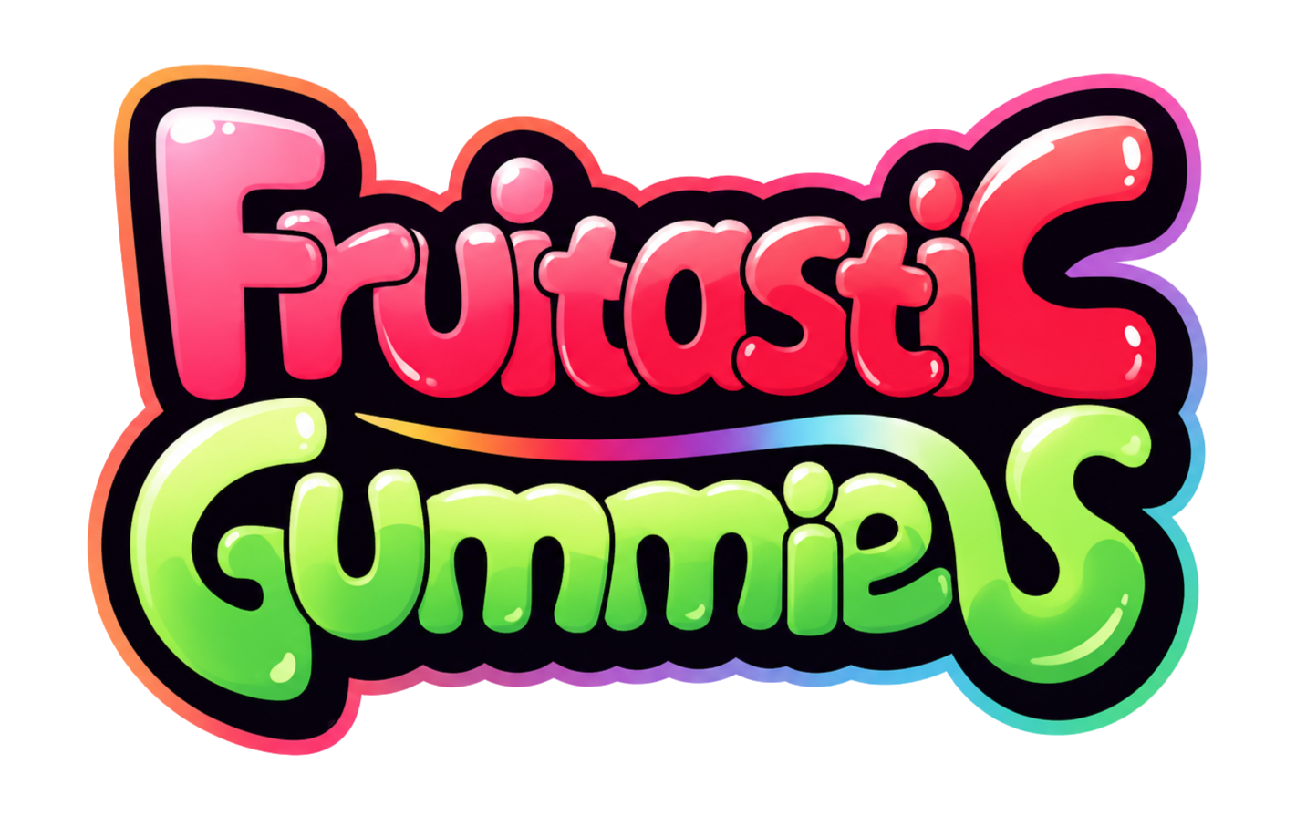 Colorful logo with the text 'Fruity's Gummies' in bubble letters, pink for 'Fruity's' and green for 'Gummies', outlined in black with a rainbow gradient background.