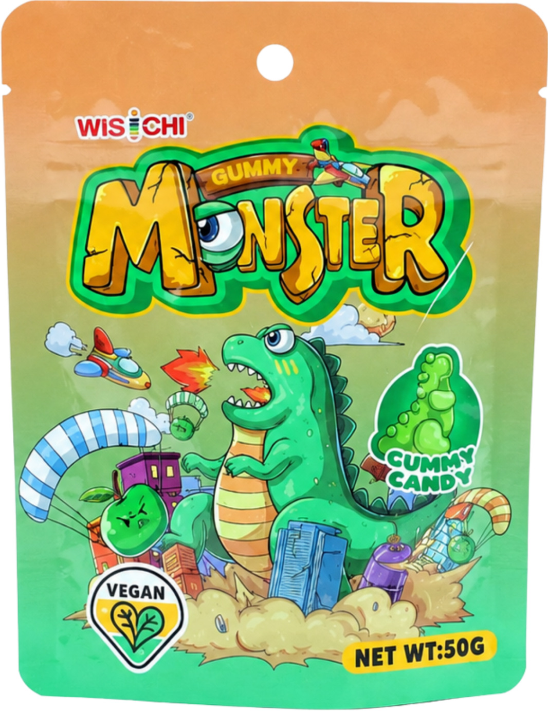 Packaging of gummy candy featuring a cartoon dinosaur and various colorful illustrations of rockets, buildings, and clouds, with a green label indicating vegan ingredients, and a net weight of 50 grams.