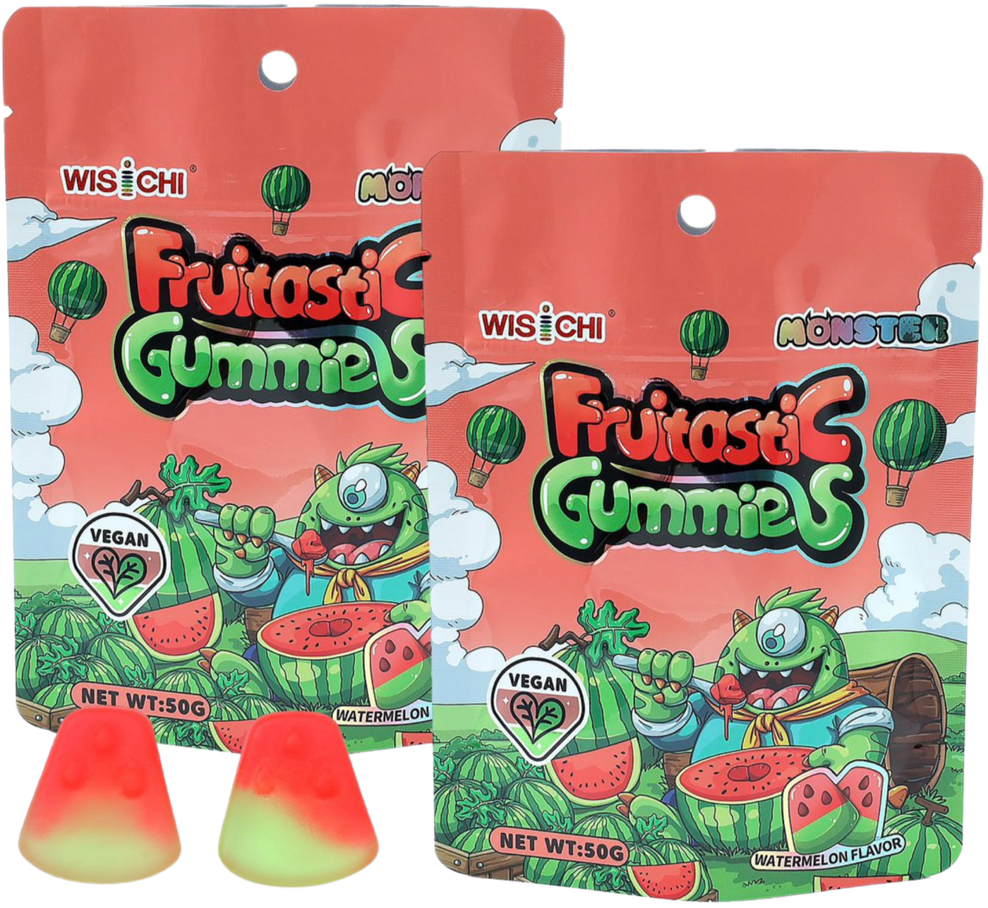 Two bags of WISACHI Monster Fruities Gummies with watermelon flavor, featuring colorful cartoon monsters and watermelon illustrations, and two watermelon-shaped gummies in front.