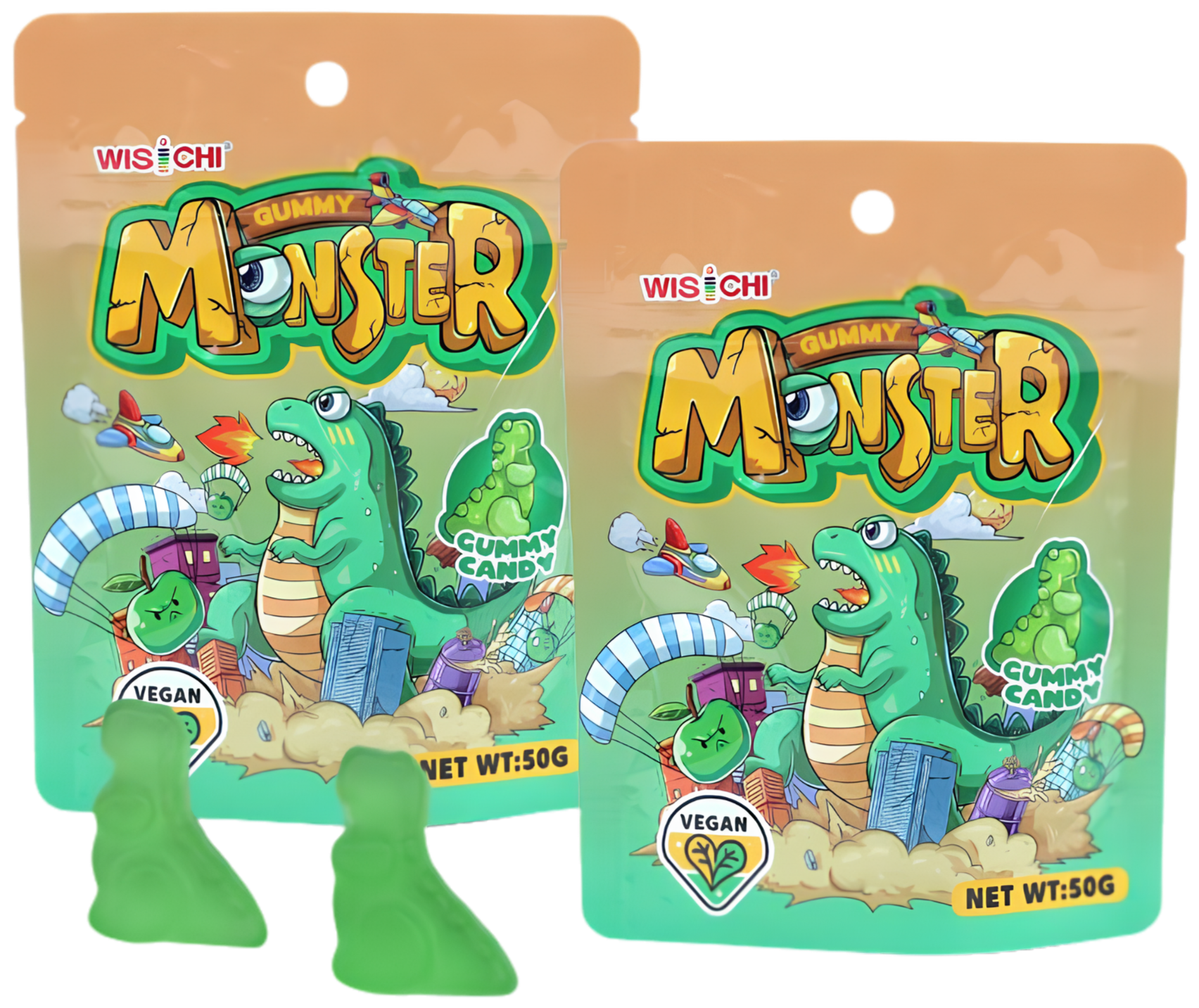 Two packages of Wischi Gummy Monster candy surfboard packaging with a cartoon dinosaur and cityscape background, labeled vegan and 50 grams.