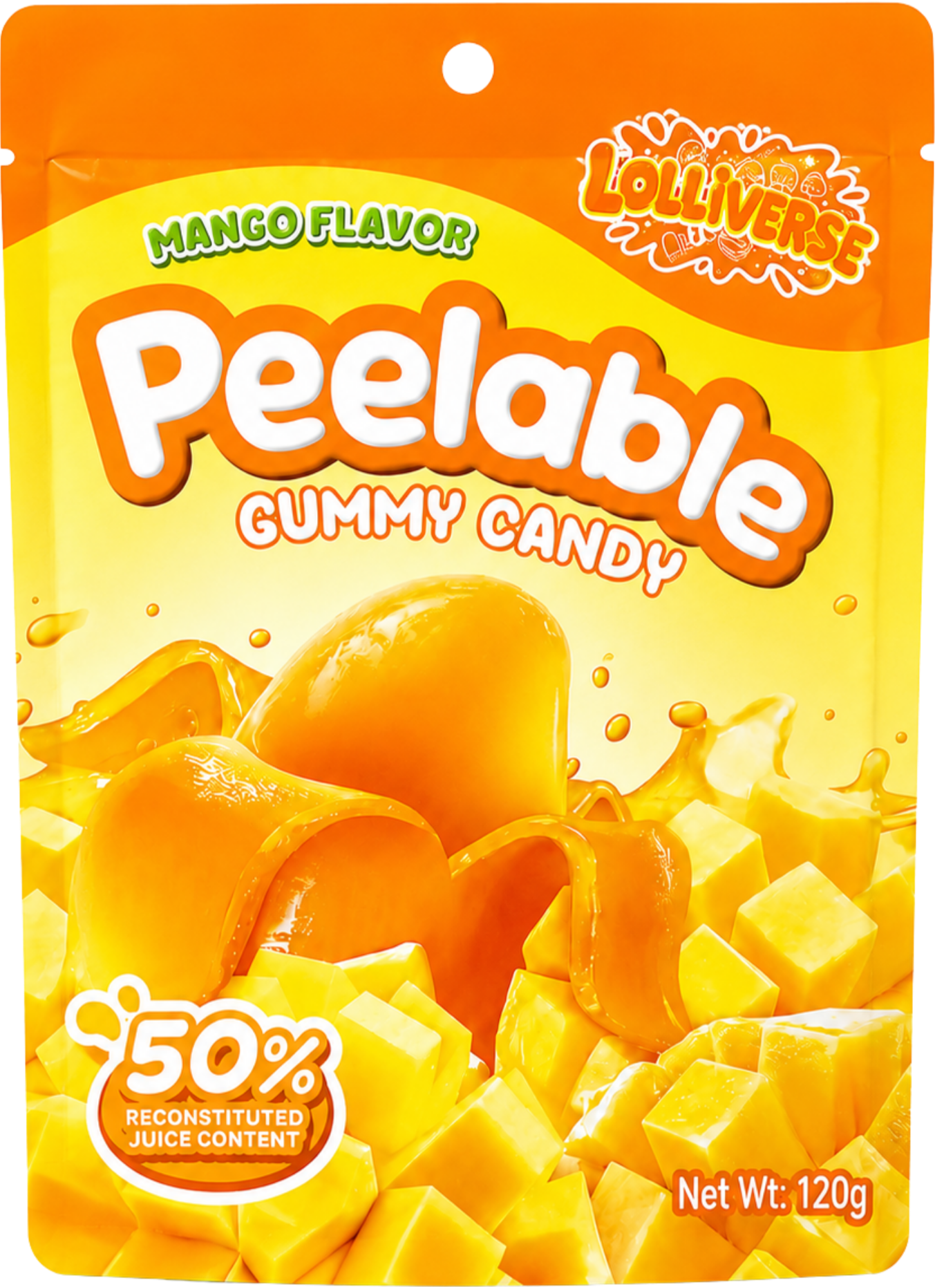A bright yellow and orange package of Lolliverse brand mango flavored gummy candy. The package features images of mango chunks and other candies. It states that the candy contains 50% reconstituted juice and weighs 120 grams.