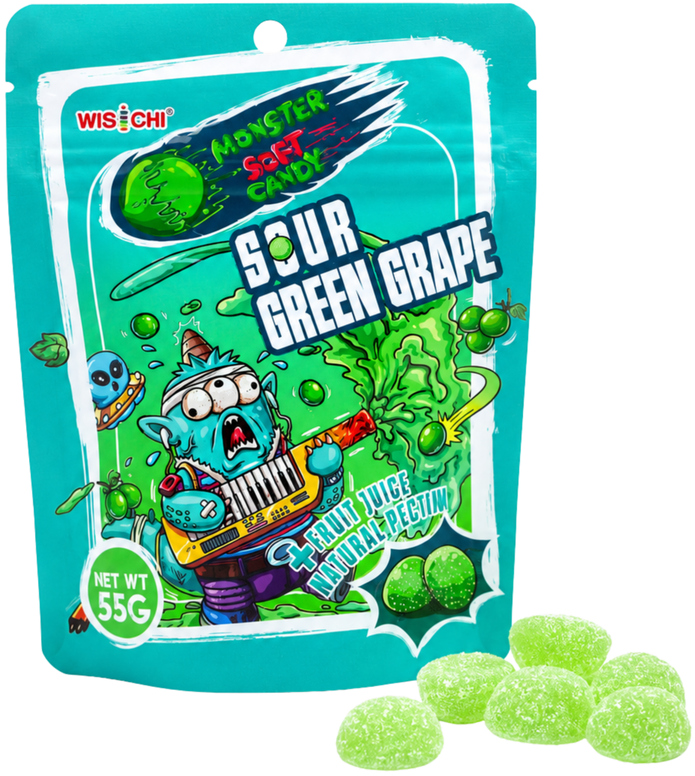 Package of sour green grape flavored soft candy with colorful, animated monster-themed design on turquoise background, showing green grape candies outside of the package.