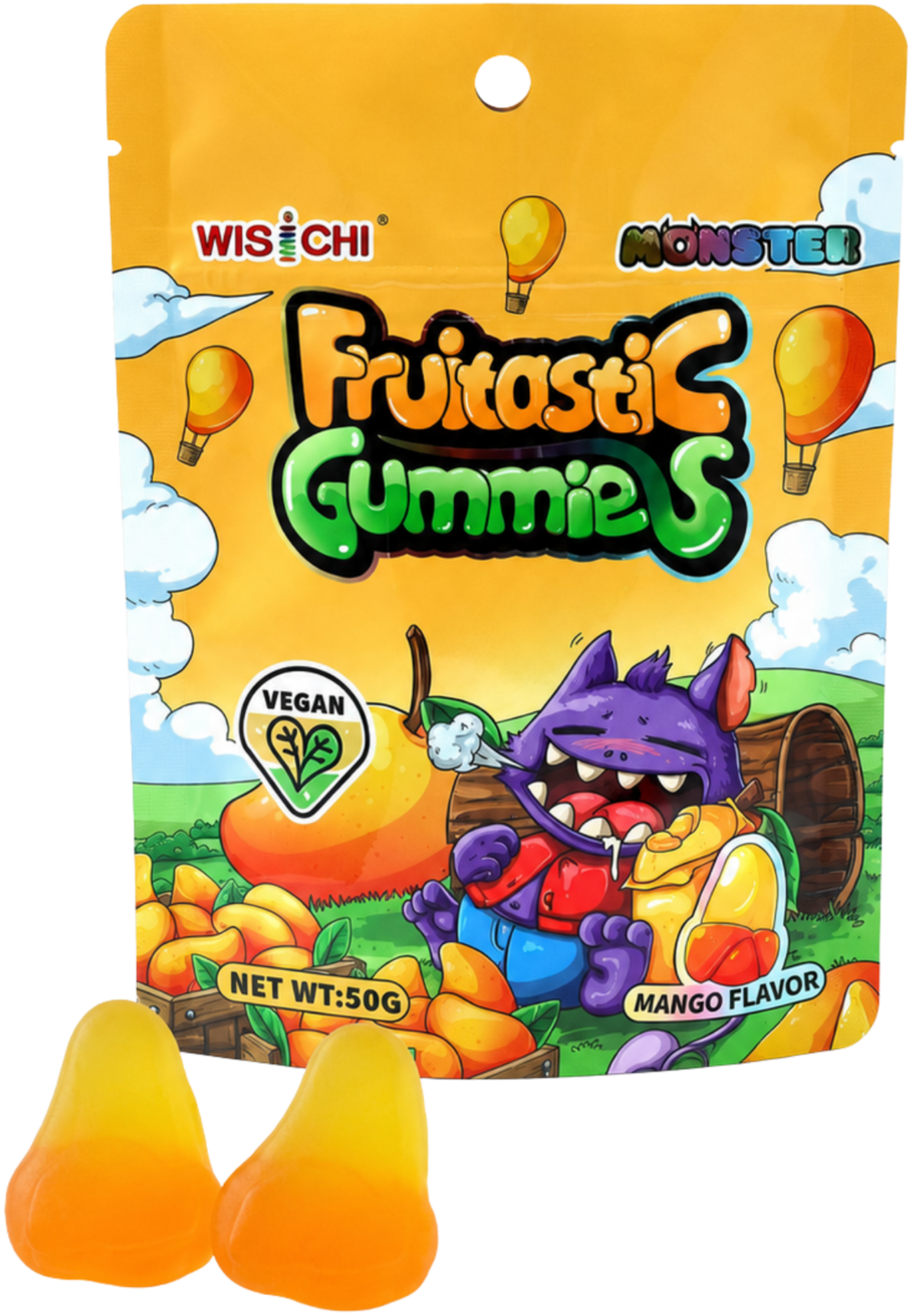 A package of WISCHI Fruitastic Gummies in mango flavor with a purple monster character on the front, surrounded by orange mango gummies, a wooden barrel, and green landscape in the background.