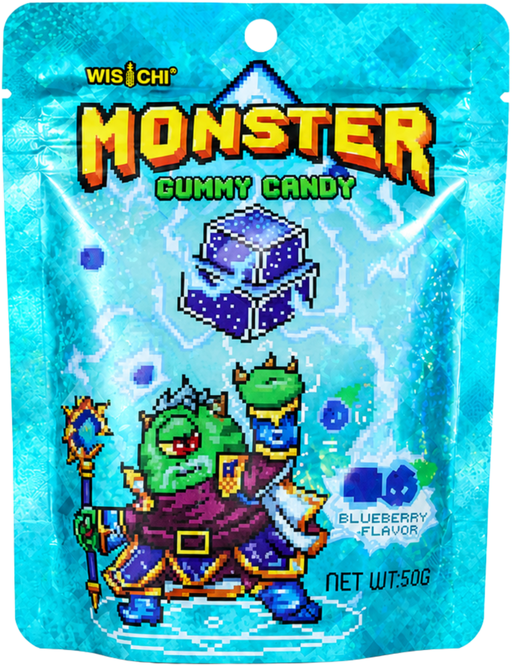Pixel art illustration of a green ogre eating a purple monster-shaped gummy candy with a blue raspberry flavor, blue background with ice and snowflakes, and a net weight of 50 grams.