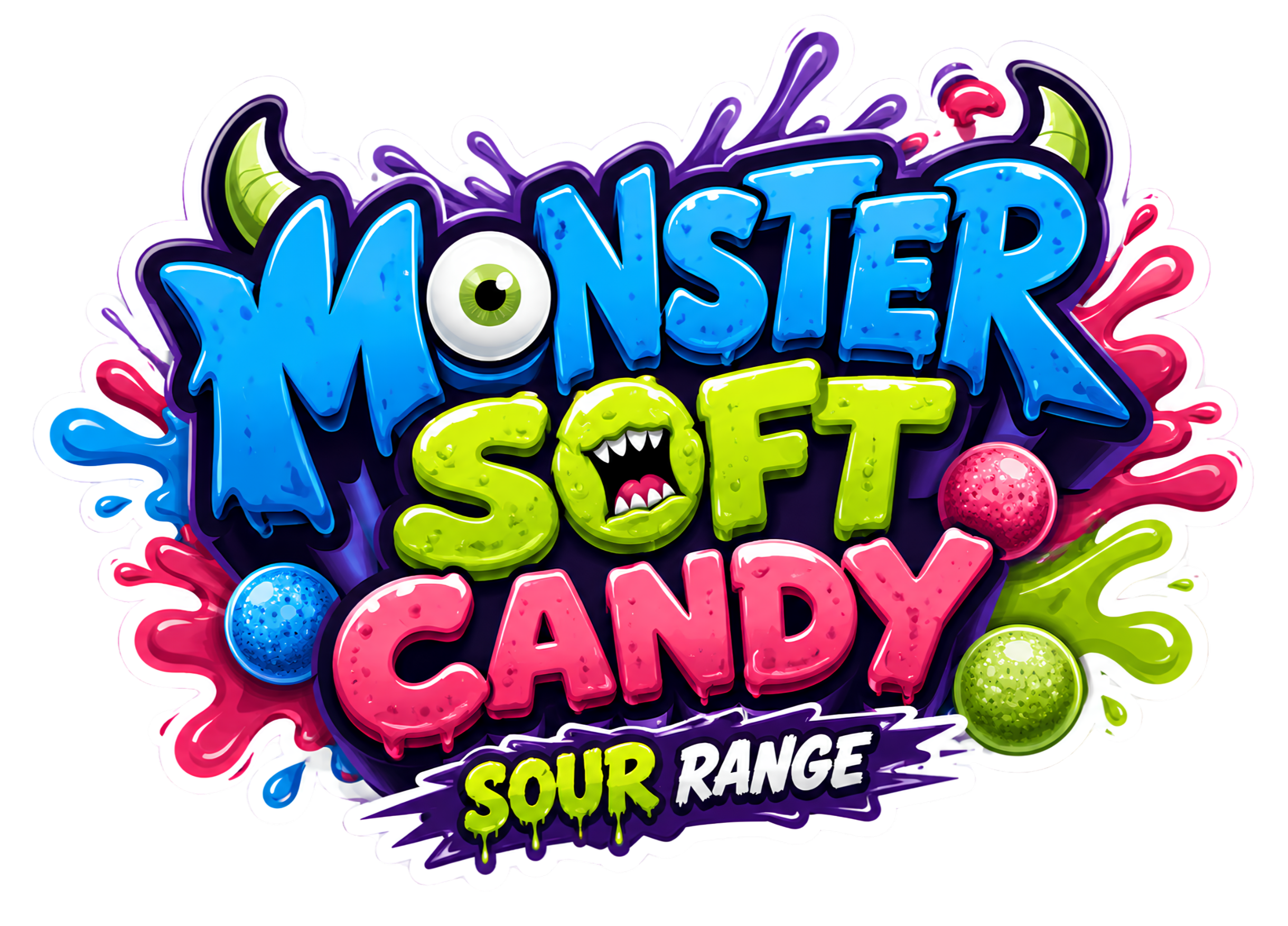 Colorful cartoon-style logo for Monster Shooter with vibrant blue, green, pink, and purple lettering, featuring a monster face with sharp teeth and surrounding slime and splashes.