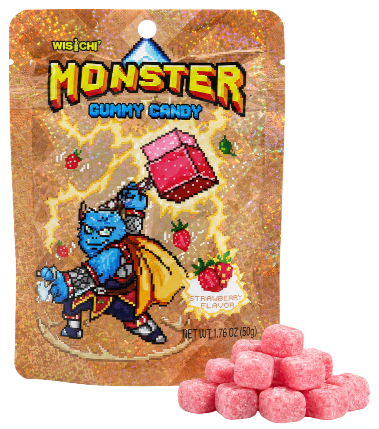 Pixel art style wrapper for wischi monster gummy candy with a blue cartoon character holding a yellow cape, surrounded by strawberries. The wrapper indicates the flavor as strawberry and weighs 1.76 ounces (50 grams).