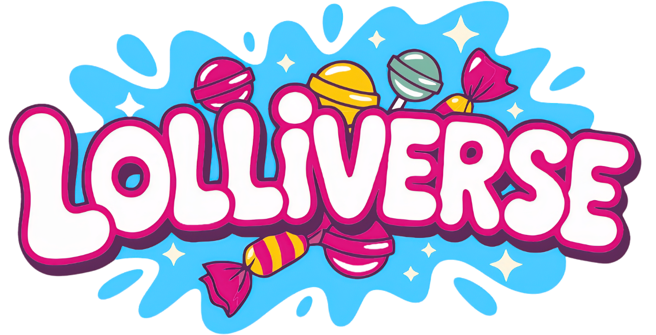 Colorful logo for 'Lolliverse' with large pink and white letters, surrounded by candies and sparkles on a blue background.