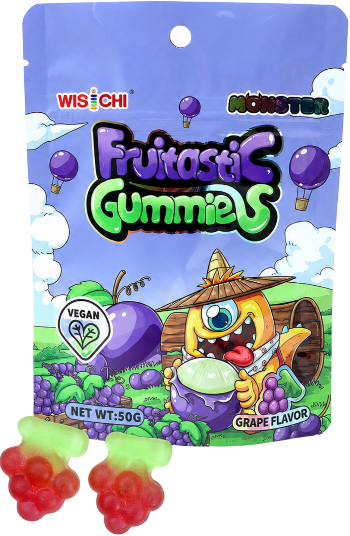 Package of Fruitastic Gummies with purple grapes flavor, featuring cartoon grape character with a straw hat, surrounded by grapes and grape vines, with three gummy candies in front.