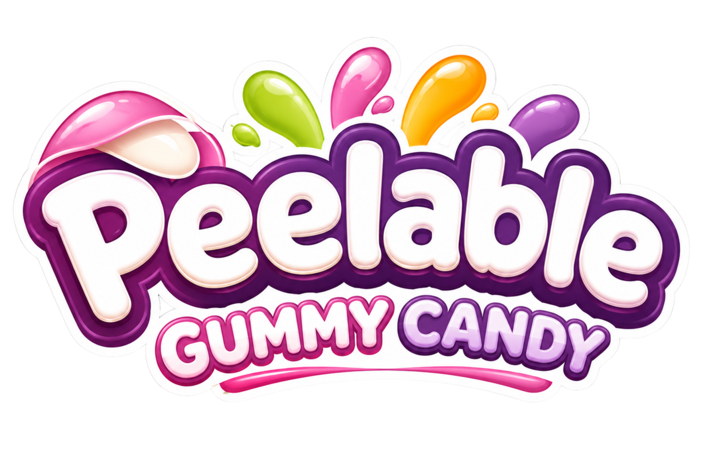 Colorful gummy candy logo with the words 'Peelah Gummy Candy' in stylized pink and purple letters, decorated with candy shapes in pink, green, orange, and purple.