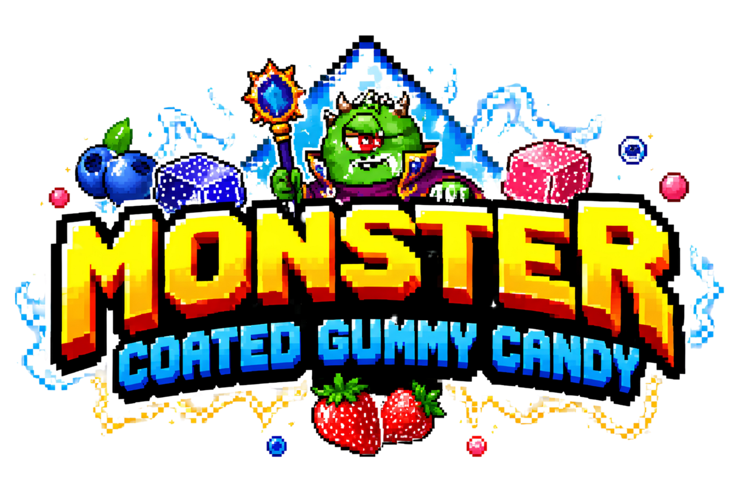 Colorful pixel art logo for Monster Hunter, featuring a green monster with a goggle, surrounded by strawberries and flowers, with a large yellow and red title.