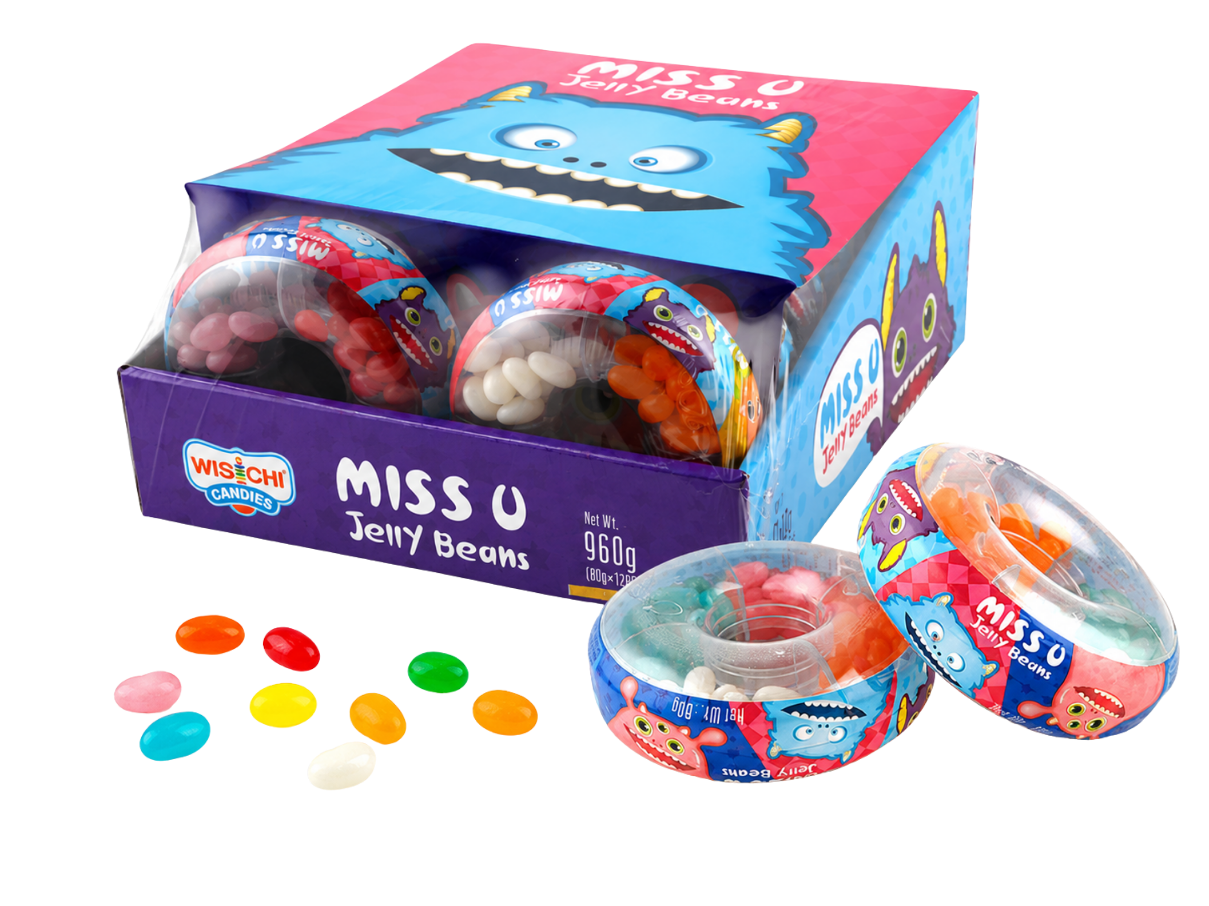 A box of Miss U Jelly Beans with some jelly beans spilled in front of it. The jelly beans are colorful, including pink, red, orange, yellow, green, blue, and white.