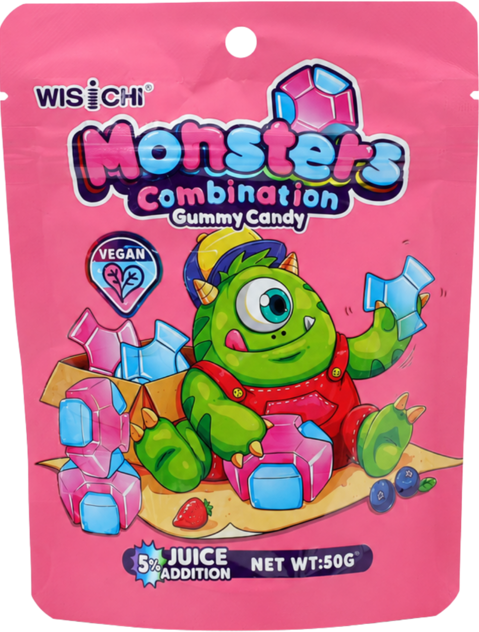 Pink packaging of WISCHI Monster Combination Gummy Candy featuring a green cartoon monster with one eye, wearing red overalls, surrounded by colorful gummy ice cubes, strawberries, and blueberries.