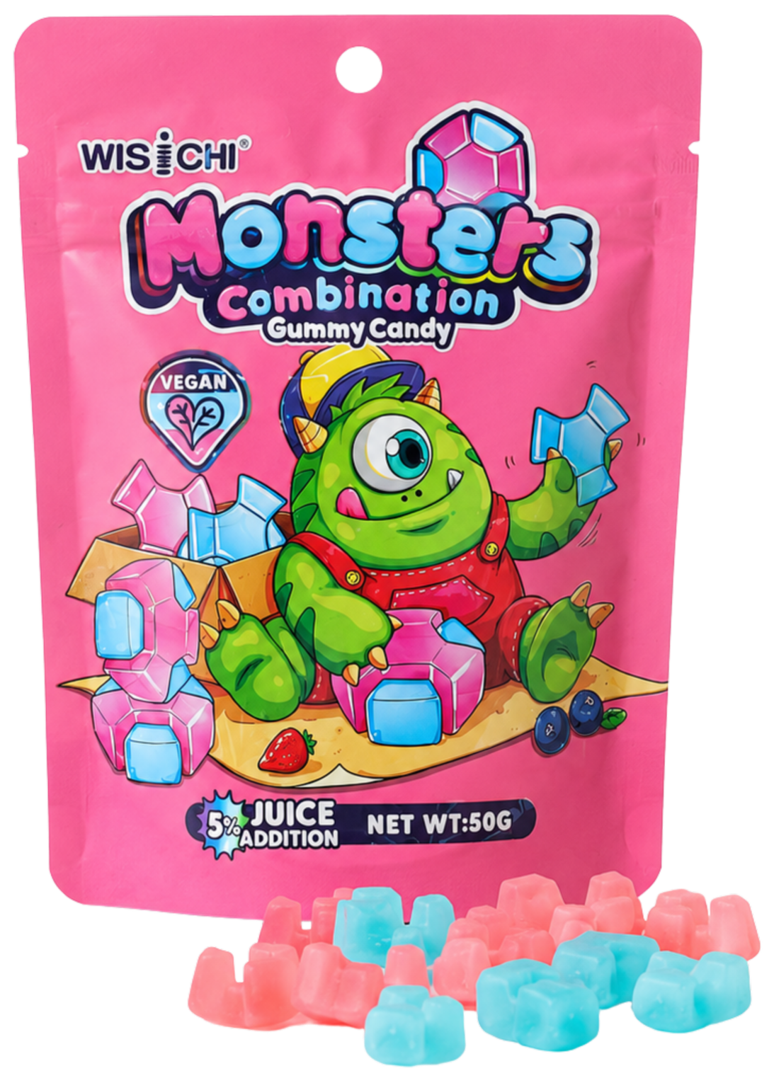 Pink package of WISCHI Monsterz Combination Gummy Candy featuring a cartoon green monster with one eye, horns, and red overalls, surrounded by colorful cube-shaped gummies and berries.