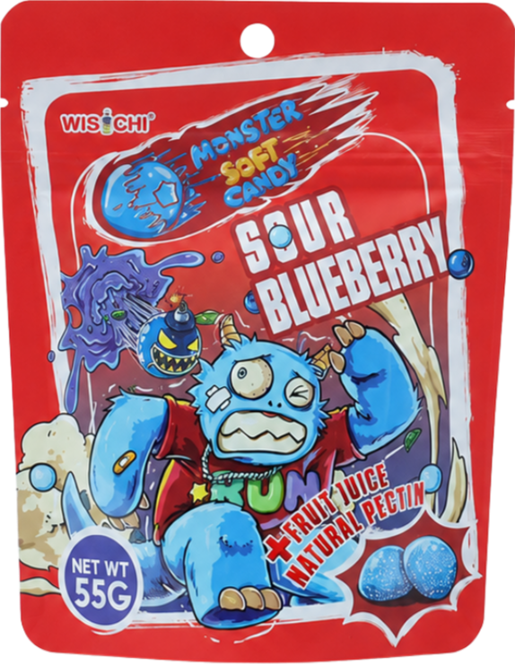 Packaging of WISCHI Sour Blueberry soft candy, featuring cartoon monster characters with dripping blue and purple slime, with blue berry illustrations and text indicating fruit juice and natural pectin, net weight 55 grams.