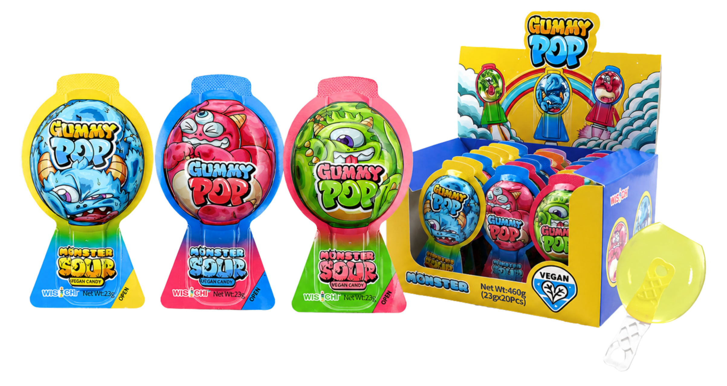 Colorful display of vegan gummy candies in various shapes and characters within a yellow and blue box. The candies are shaped like monsters with vibrant colors and expressive faces.
